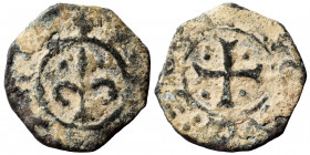 CRUSADERS. Principality of Antioch. Bohémond V. 1233-1251. Pougeoise (bronze, 1.36 g, 17 mm). [+BOANVNDVS] Fleur-de-lis. Rev. [+ANTIOCHIA] Cross patte...