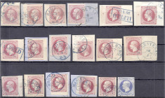Deutschland
Altdeutschland
Hannover
1 Gr. + 2 Gr. Freimarken 1859, insgesamt 18 Werte fast nur auf Briefstücken, achtmal Nr. 14 mit Reihenzähler, d...