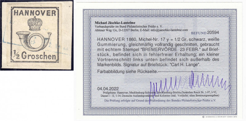 Deutschland
Altdeutschland
Hannover
1/2 Gr. Posthorn unter Krone 1860, gestem...