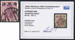 Deutschland
Deutsches Reich
3 M auf 1 1/4 M karminrot/dunkelkarminlila 1921, sauber gestempelt, Type I (Farbe b). Kurzbefund Weinbuch BPP >einwandfr...