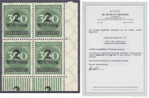 Deutschland
Deutsches Reich
2 Mio auf 300 M Ziffern im Oval 1923, postfrischer Viererblock aus der rechten unteren Bogenecke, postfrische Erhaltung....