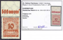 Deutschland
Deutsches Reich
10 Mio M Wertangabe im Kreis 1923, postfrische Luxuserhaltung, Oberrandstück mit Doppeldruck der Ziffer in der Mitte und...