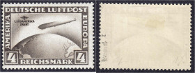 Deutschland
Deutsches Reich
4 M Südamerika 1930, ungebraucht mit Falz und mit Plattenfehler ,,I" (,,Blitz" durch das Heck des Luftschiffes), geprüft...