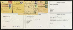 Deutschland
Deutsches Reich
1 RM, 2 RM und 3 RM A. Hitler 1942, vier Paketkarten, dabei Mi.-Nr. 799 A Mischfrankatur, Nr. 800 A Einzelfrankatur, Nr....