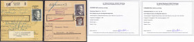 Deutschland
Deutsches Reich
1 RM + 2 RM A. Hitler 1942, zwei Paketkarten, dabei Mi.-Nr. 799 B portogerechte Einzelfrankatur, Nr. 800 B + 826 Mischfr...
