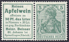 Deutschland
Deutsches Reich
Zusammendrucke
Germania 1911, ungebrauchter Zusammendruck mit Falz W 2.1 a. Mi. 720,-€.
* Michel W 2.1 a.