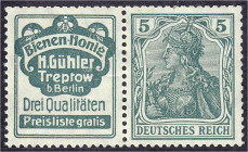 Deutschland
Deutsches Reich
Zusammendrucke
Germania 1911, ungebrauchter Zusammendruck, oben übliche Heftchenzähnung. Mi. 240,-€.
* Michel W 2.2 a....