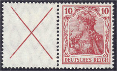 Deutschland
Deutsches Reich
Zusammendrucke
Germania (Friedensdruck) 1912, ungebrauchter Zusammendruck X+10. Mi. 420,-€.
* Michel W 4 b.