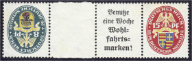 Deutschland
Deutsches Reich
Zusammendrucke
Nothilfe 1928, ungebrauchter Zusammendruck 8+Z+A2+15, optisch wie postfrisch, kl. Fleck rechts oben. Mi....