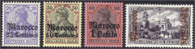 Deutschland
Deutsche Auslandspostämter und Kolonien
Deutsche Post in Marokko
25 C auf 20 Pf. / 3 P 75 C auf 3 M Freimarken 1905, vier postfrische W...