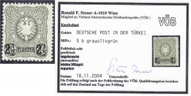 Deutschland
Deutsche Auslandspostämter und Kolonien
Deutsche Post in der Türkei
2 1/2 PIA auf 50 Pf. Freimarke 1884, dunkeloliv (Farbe ,,b"), postf...
