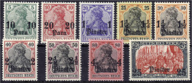 Deutschland
Deutsche Auslandspostämter und Kolonien
Deutsche Post in der Türkei
10 Pa auf 5 Pf. / 25 Pia auf 5 M Freimarken 1905/13, neun Werte in ...