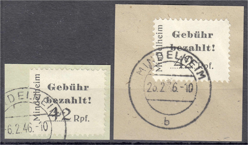 Deutschland
Deutsche Lokalausgaben
Mindelheim
42 Pf. Gebührenzettel 1946, zwe...