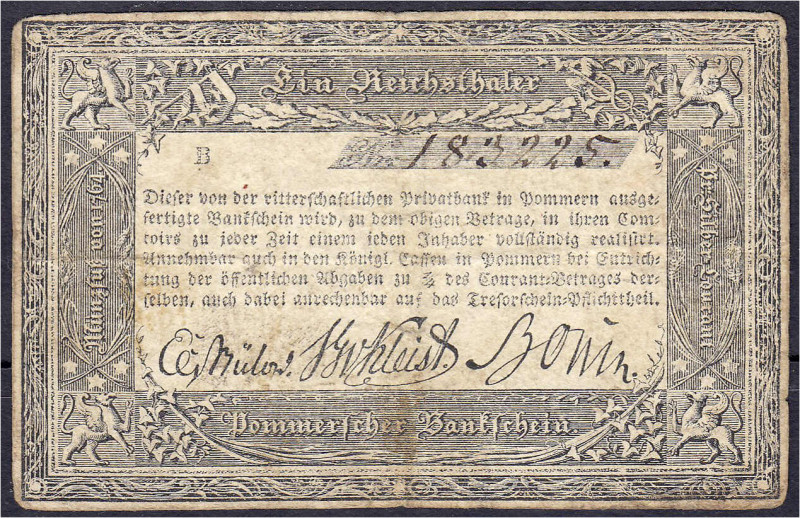 Altdeutschland
Pommern
1 Thaler o.D. (1824/1825). Ritterschaftliche Privatbank...