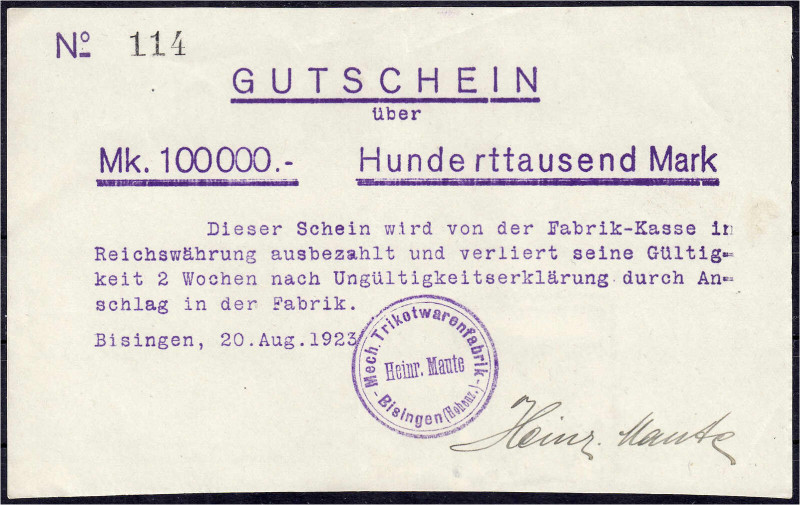 Deutsches Notgeld und KGL
Bisingen (Württemberg)
Mech. Trikotwarenfabrik Heinr...