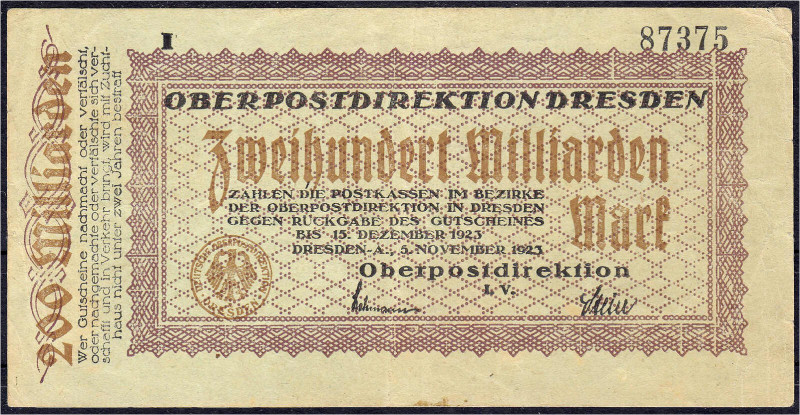 Deutsches Notgeld und KGL
Dresden (Sachsen)
Oberpostdirektion Altstadt, 200 Mr...