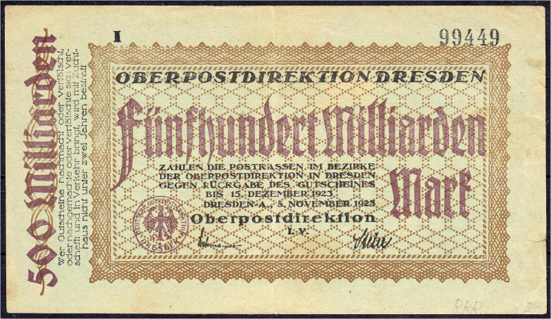 Deutsches Notgeld und KGL
Dresden (Sachsen)
Oberpostdirektion Altstadt, 500 Mr...