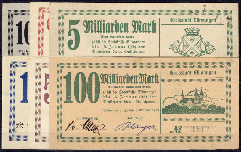 Deutsches Notgeld und KGL
Ellwangen (Württ.)
Kreisstadt, 6 Scheine zu 100 Mio....