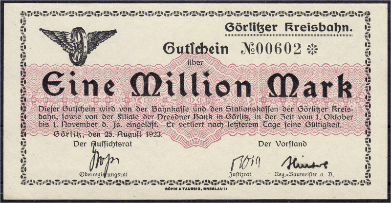 Deutsches Notgeld und KGL
Görlitz (Schlesien)
Kreisbahn, 1 Mio. Mark 25.8.1923...