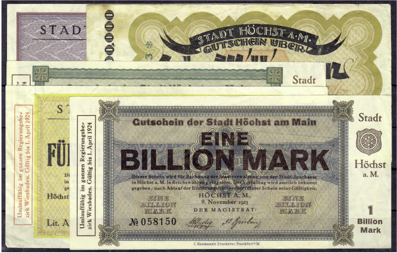 Deutsches Notgeld und KGL
Höchst am Main (Hessen-Nassau)
5 Scheine der Stadt z...