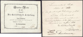 Deutsches Notgeld und KGL
Schwabach (Bayern)
Die Gesellschaft Erholung, 2 Aktien zu 5 Gulden 31.7.1865 und 10 Reichsmark 20.6.1881. III, selten