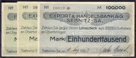 Deutsches Notgeld und KGL
Sebnitz (Sachsen)
Export & Handelsbank A.-G. Sebnitz - Sa., 3 Kundenschecks zu 2 X 1 Mio. Mark 17.8.1923, Austeller David ...