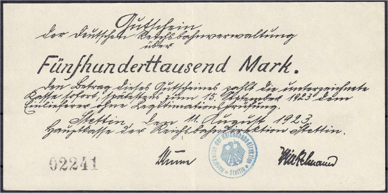 Deutsches Notgeld und KGL
Stettin (Pommern)
Reichsbahndirektion, 500 Tsd. Mark...