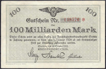 Deutsches Notgeld und KGL
Stettin (Pommern)
Reichsbahndirektion, 100 Mrd. Mark 26.10.1923. Wz. Achteckfließen.
II-III