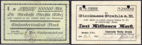 Deutsches Notgeld und KGL
Strehla (Sachsen)
Stadtgemeinderat 100 Tsd. Mark 25.8.1923 und Chemische Werke Strehla G.m.b.H. 2 Mio. Mark 31.8.1923.
II...