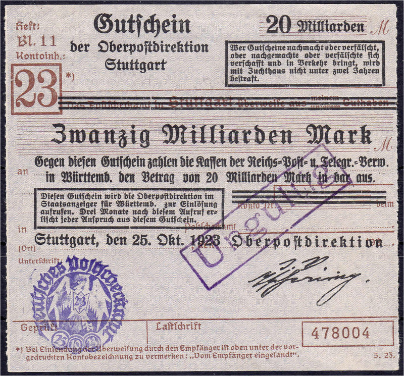 Deutsches Notgeld und KGL
Stuttgart (Württemberg)
Oberpostdirektion, 20 Mrd. M...