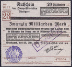Deutsches Notgeld und KGL
Stuttgart (Württemberg)
Oberpostdirektion, 20 Mrd. Mark 25.10.1923. Violetter Hochdruckstempel.
II, sehr selten