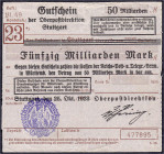 Deutsches Notgeld und KGL
Stuttgart (Württemberg)
Oberpostdirektion, 50 Mrd. Mark 25.10.1923. Violetter Hochdruckstempel.
III-, sehr selten