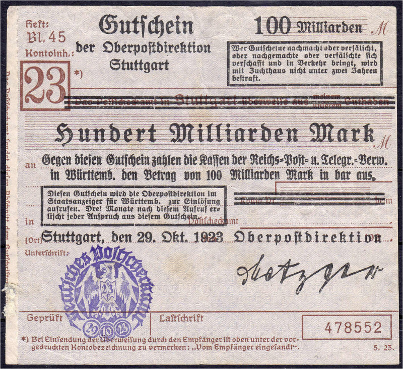 Deutsches Notgeld und KGL
Stuttgart (Württemberg)
Oberpostdirektion, 100 Mrd. ...