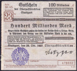 Deutsches Notgeld und KGL
Stuttgart (Württemberg)
Oberpostdirektion, 100 Mrd. Mark 29.10.1923. Violetter Hochdruckstempel.
III-, sehr selten