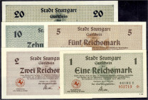 Deutsches Notgeld und KGL
Stuttgart (Württemberg)
5 verschiedene Scheine zu 1, 2, 5, 10 u. 20 Reichsmark 1.5.1945. I-II, selten. Schöne 0261-0265.
