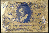 Deutsches Notgeld und KGL
Teningen (Baden)
100 Milliarden Mark Aluminium 1.11. 1923. Schiller. Goldfarben, Textdruck beids. dunkelblau. Mit KN.
III...