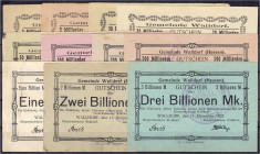 Deutsches Notgeld und KGL
Walldorf (Hessen)
Stadtgemeinde, 11 versch. Scheine zu 1, 5, 10, 20, 50, 100, 200 u. 500 Mrd. und 1, 2 u. 3 Bio. Mark 1923...