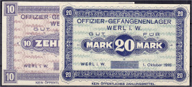 Deutsches Notgeld und KGL
Werl (Westfalen)
Offizier-Gefangenenlager, 10 und 20 Mark 1.10.1916. Beide ohne KN. Wz. Z-Muster.
I- u. II. Tieste 05. 04...