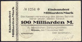 Deutsches Notgeld und KGL
Werste, Amt Rehme (Westfalen)
Sensationelle Neuentdeckung: 100 Mrd. Mark 7.11.1923. Mit Stempel des Amtes Rehme. Bisher un...
