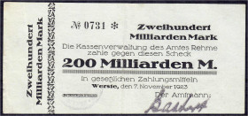 Deutsches Notgeld und KGL
Werste, Amt Rehme (Westfalen)
200 Mrd. Mark 7.11.1923. Mit Stempel des Amtes Rehme.
III-, äußerst selten. Topp 899.1 (ohn...