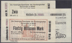 Deutsches Notgeld und KGL
Wiehl (Rheinland)
Gemeindekasse u. Sparkasse, 3 gedruckte Schecks auf Sparkasse der Homburgische Gemeinden zu 20 u. 50 Mio...