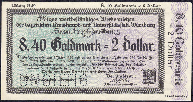 Deutsches Notgeld und KGL
Würzburg (Bayern)
Stadt, 8,40 GMk. 1.12.23. Wz. Rhei...