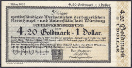Deutsches Notgeld und KGL
Würzburg (Bayern)
Stadt, 4,20 GMk. 1.12.23. Wz. Rheinische Wellen. Perforation „UNGILTIG“.
I-, selten. Müller E. 5203....