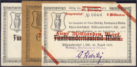 Deutsches Notgeld und KGL
Wüstewaltersdorf (Schlesien)
Websky, Hartmann & Wiesen, 3 Notgeldscheine (Überdrucke) zu 5 u. 10 Mio. und 5 Mrd. Mark 20.8...