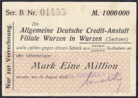Deutsches Notgeld und KGL
Wurzen (Sachsen)
Allgemeine Deutsche Credit-Anstalt Filiale Wurzen, Kundenscheck zu 1 Mio. Mark 15.8.1923. Aussteller Gebr...