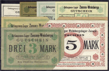 Deutsches Notgeld und KGL
Zossen Weinberge (Brandenburg)
Gefangenenlager, 7 verschiedene Scheine zu 1, 5, 10, 50 Pfg. und 1, 2 u.3 Mark o.D. und 5 M...