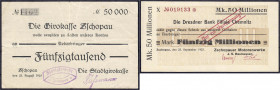 Deutsches Notgeld und KGL
Zschopau (Sachsen)
2 Scheine, Stadtgirokasse zu 50 Tsd. Mark 23.8.1923 und Zschopauer Motorenwerke J. S. Rasmussen zu 50 M...