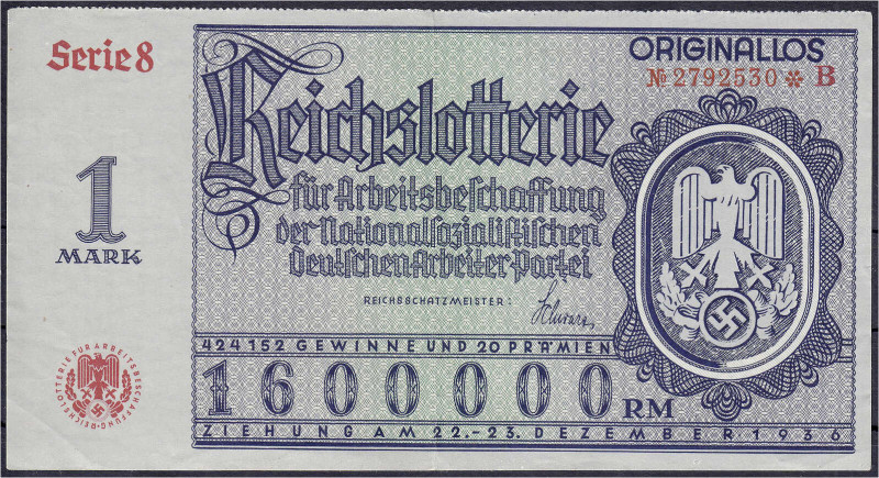 Sonstige Scheine
Lotteriescheine
Reichslotterie 1 Mark 1936. Für Arbeitsbescha...