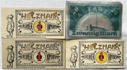 Lots
Deutschland
Insgesamt 4 Scheine, 3 X 1 Berliner Humormark 1.1.1969 aus Holz und 1 X 20 Mark Lautawerke Aluminiumgeld 1922.
II