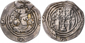 Imperio Sasánida. Año 5 (595 d.C.). Khusru II. AB (Abrashahr). Dracma. (Mitchiner A. & C. W. 1199 var). Algo recortada. 2,68 g. MBC.